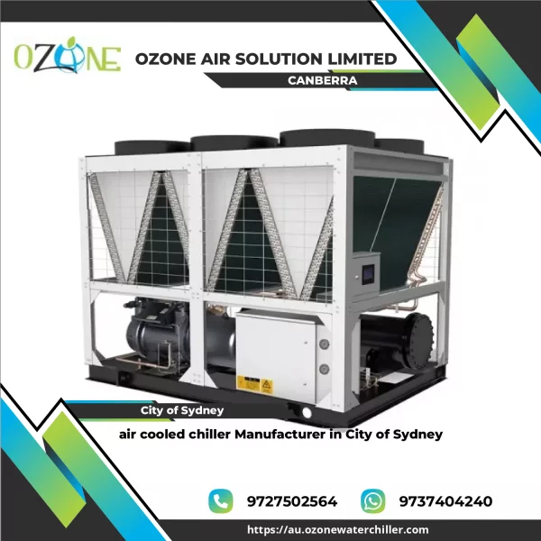Air Cooled Chiller Unit Installed Outdoors Showing Metal Coils And Fan Assembly