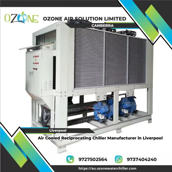 Air Cooled Reciprocating Chiller Unit Installed Outdoors With Visible Condenser Fins