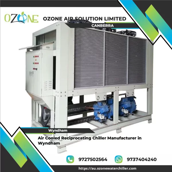 Air Cooled Reciprocating Chiller Unit Installed Outdoors Showing Cooling Fins And Compressor Components