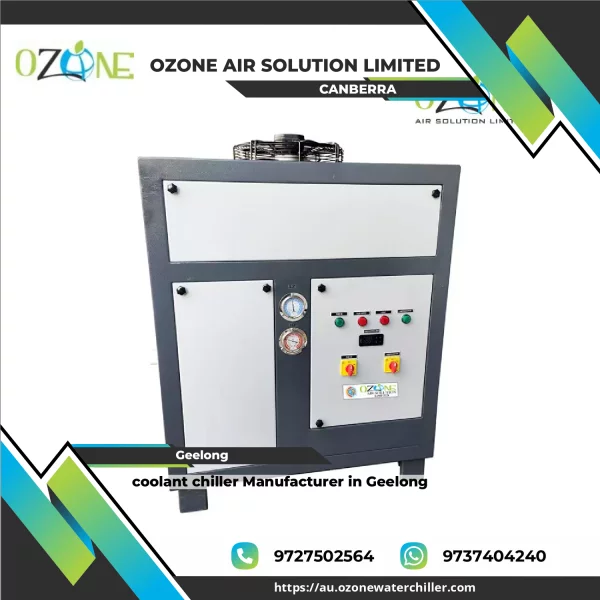 Coolant Chiller System Installed In Industrial Setting Showing Pipes And Control Panel