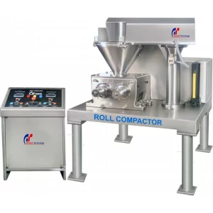 Roll Compactor Machine Showing Twin Rollers In Operation Used For Pharmaceutical Granulation