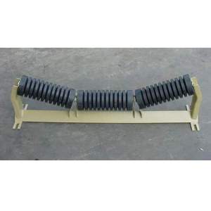 Close-up Image Of Industrial Impact Idler Showing Rollers And Frame Used In Conveyor Systems