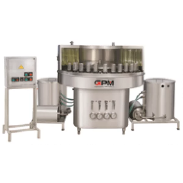 Rotary Bottle Washing Machine Operating With Multiple Bottles On Turntable