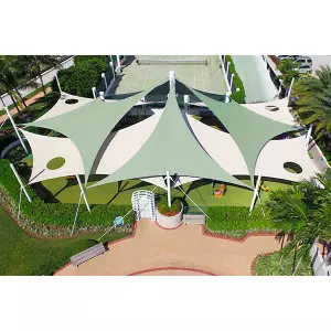 Tensile Shed Structure Covering An Industrial Warehouse With Stretched Fabric Roof