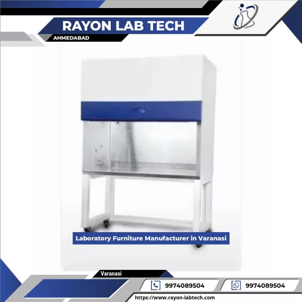 Stainless Steel Laboratory Bench With Storage Cabinets In A Scientific Research Room