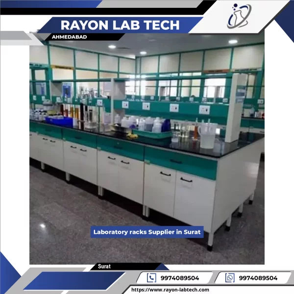 Laboratory Rack Made Of Steel With Multiple Shelves Holding Glassware And Chemical Bottles