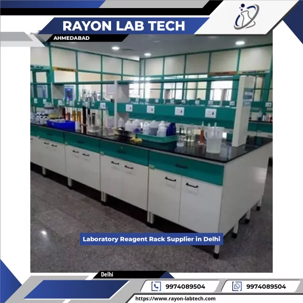 Laboratory Reagent Rack Holding Various Chemical Bottles Arranged Neatly