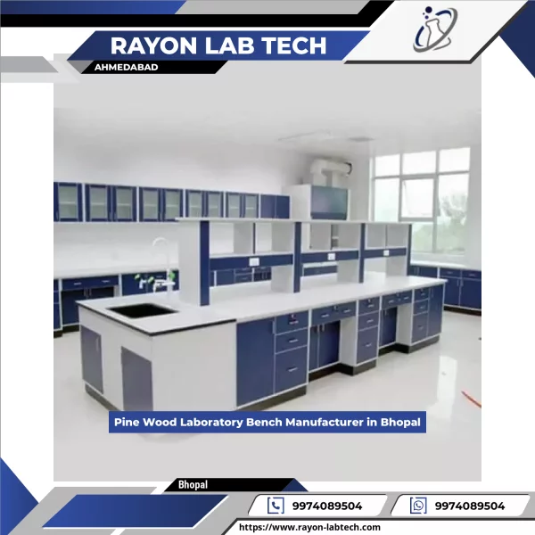 Pine Wood Laboratory Bench Showing Smooth Surface And Sturdy Wooden Legs In A Scientific Workspace