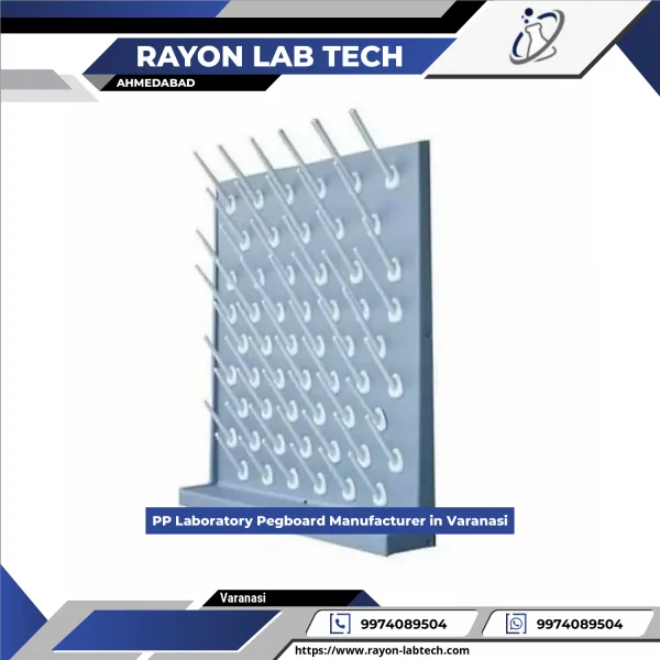 Polypropylene Laboratory Pegboard With Hooks Holding Glassware In A Research Lab