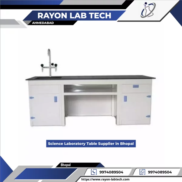 Science Laboratory Table Setup Showing Sturdy Frame And Chemical-resistant Surface