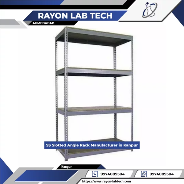Stainless Steel Slotted Angle Rack With Adjustable Shelves In Laboratory Setting