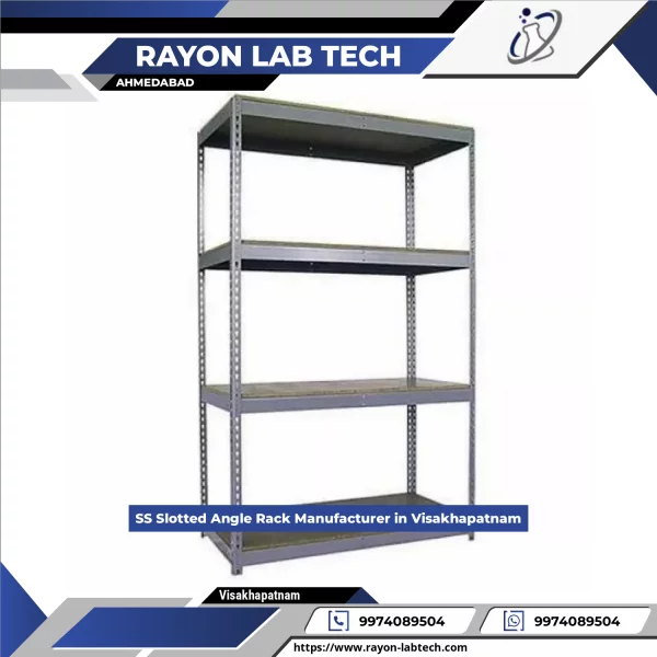 Stainless Steel Slotted Angle Rack Installed In Laboratory Setting Showing Shelves With Lab Equipment