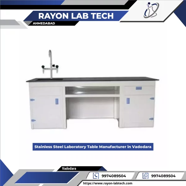 Stainless Steel Laboratory Table With Storage Cabinets Installed In A Scientific Research Lab