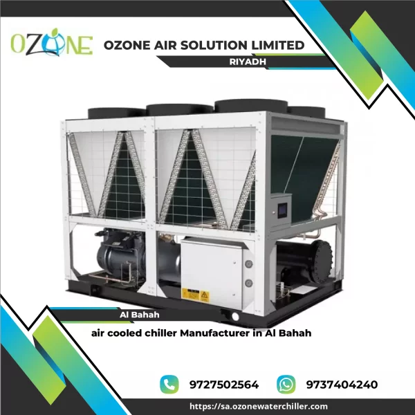 Air Cooled Chiller Unit Installed Outdoors Showing Finned Coils And Fans