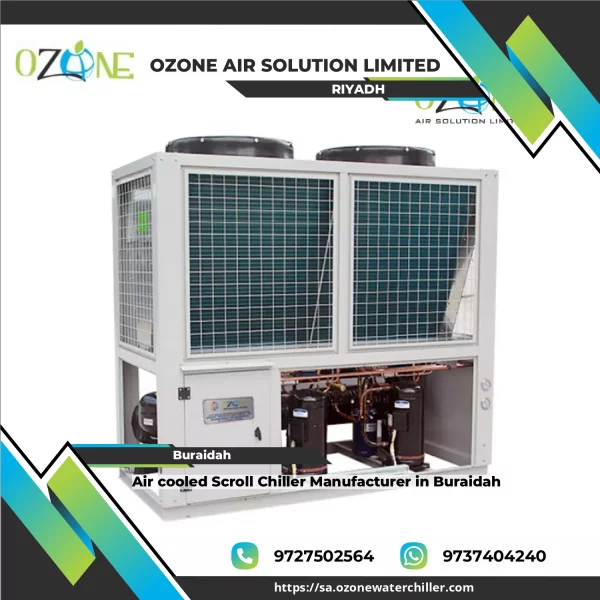 Air Cooled Scroll Chiller Unit Installed Outdoors With Visible Heat Exchanger Fins