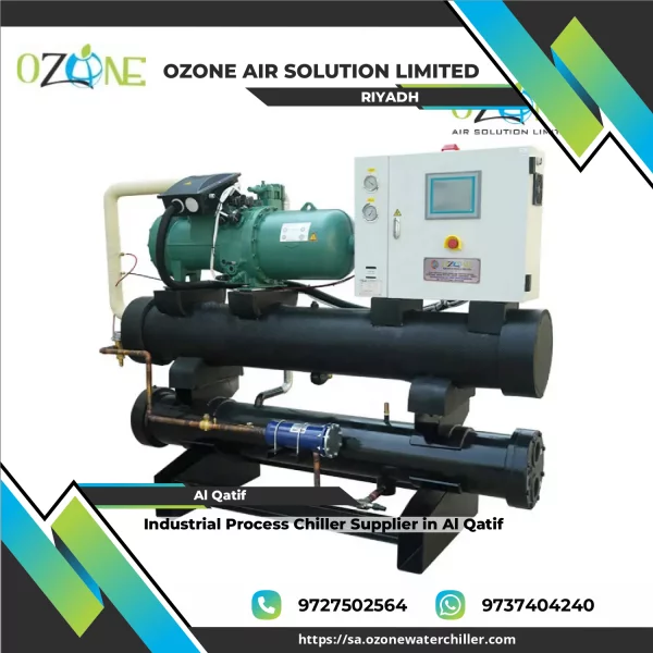 Industrial Process Chiller Unit Installed At Factory Site Showing Cooling Pipes And Control Panel