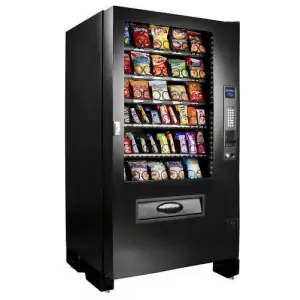 Snacks Vending Machine Showing Front Panel With Snack Items Visible Inside