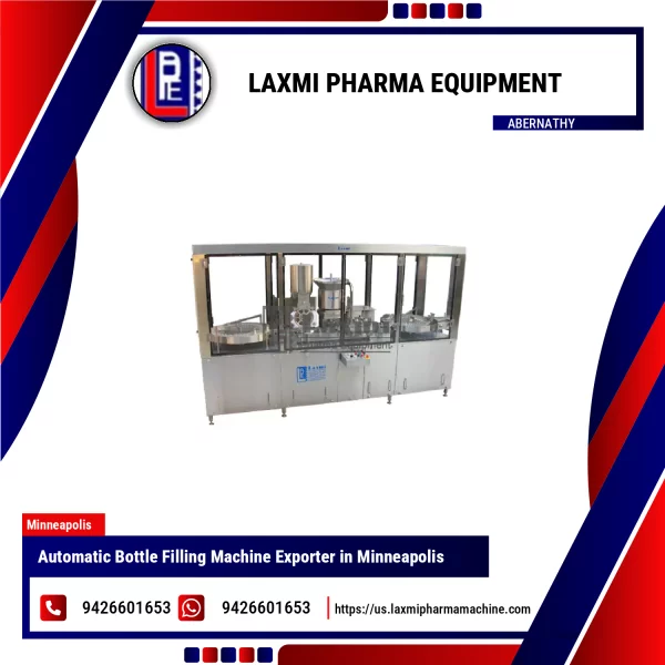 Automatic Bottle Filling Machine Operating On Pharmaceutical Production Line
