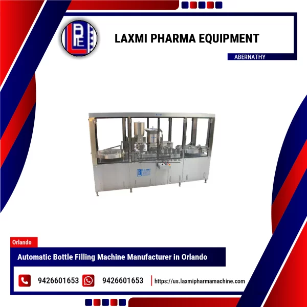 Automatic Bottle Filling Machine Operating In Pharmaceutical Packaging Line
