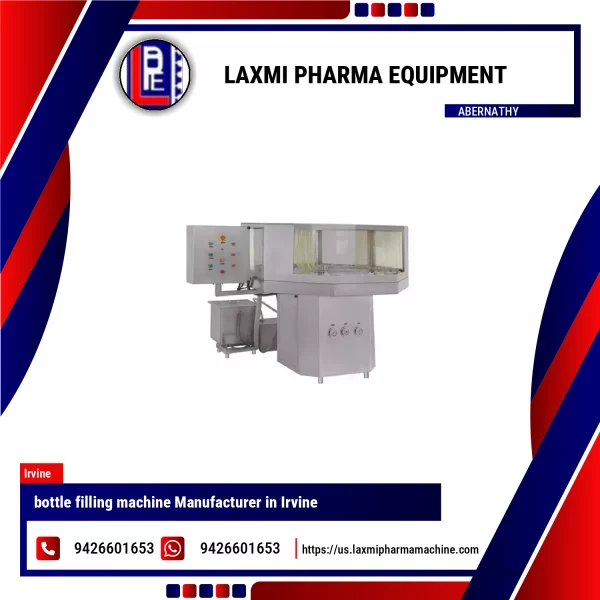 Industrial Bottle Filling Machine Operating In Pharmaceutical Packaging Line