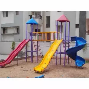Kids Playing On Colorful Multiplay Playground Equipment Including Slides And Swings At An Outdoor Park