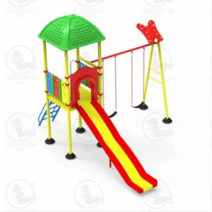 Colorful Multiplay Station With Slide And Climbing Nets Installed In A School Playground