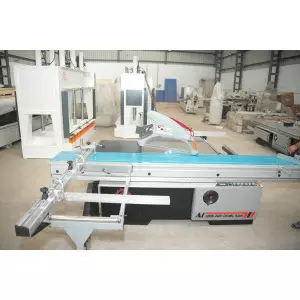 CNC Sliding Panel Saw Machine Cutting Large Wood Panels In Workshop