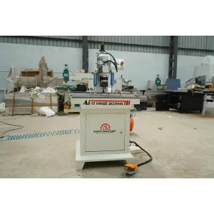 Single Head Hinge Boring Machine Setup In Woodworking Workshop