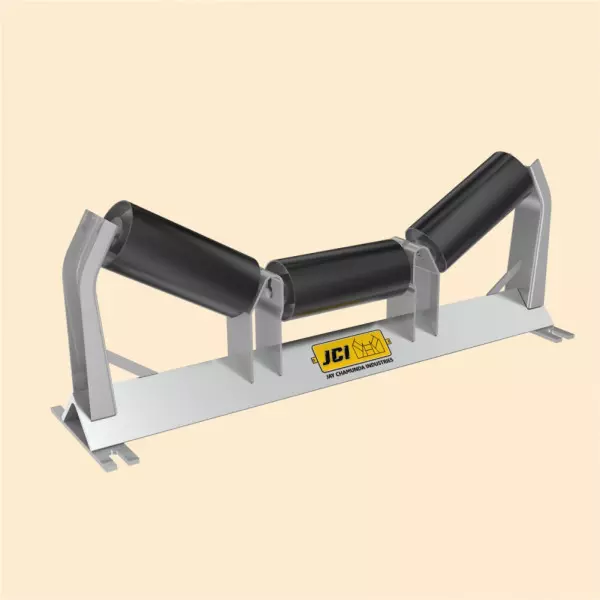 Three Piece Conveyor Idler Set Showing Impact And Self-aligning Rollers