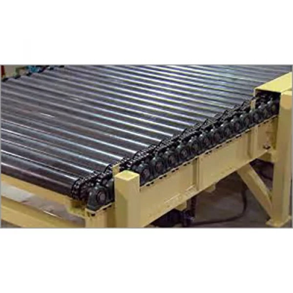 Roller Conveyor System Installed In An Industrial Setting Showing Metal Rollers Aligned For Material Movement