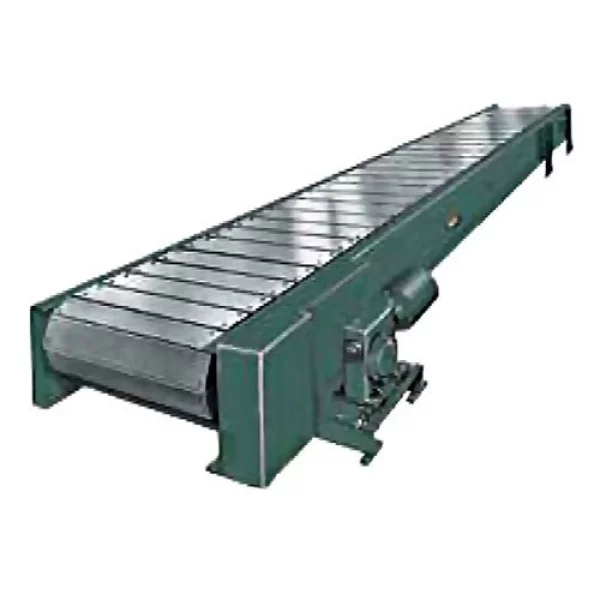 Slat Conveyor With Metal Slats On A Heavy-duty Frame Used In Industrial Material Handling