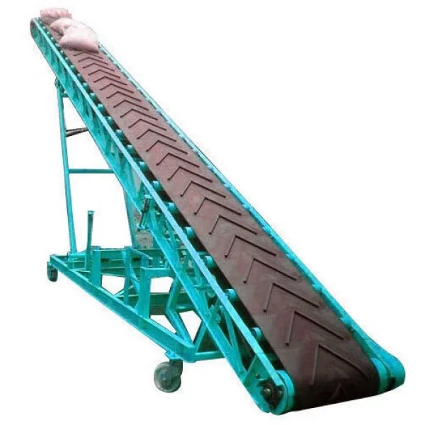 Industrial Stacker Conveyor Installed At Factory Showing Steel Frame And Rollers
