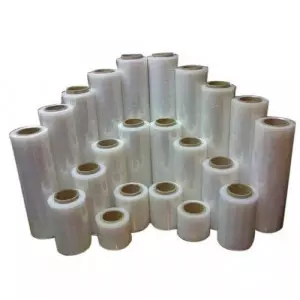 Rolls Of Transparent PE Stretch Film Stacked In Warehouse