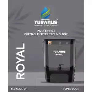 Metallic Black Water Purifier Unit Showing Front Panel With Control Buttons