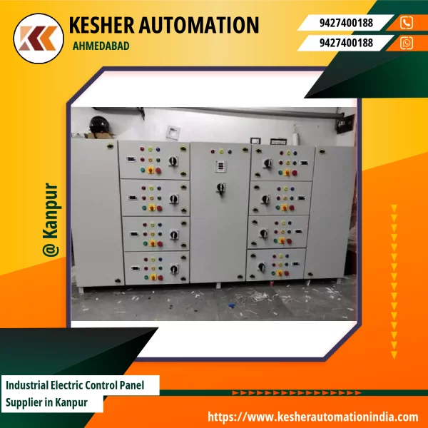 Industrial Electric Control Panel Installed In Factory Setting Showing Circuit Breakers And Wiring