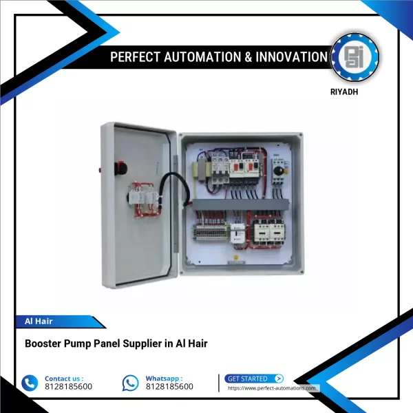 Booster Pump Panel Showing Control Switches And Indicator Lights Mounted Inside Metal Enclosure