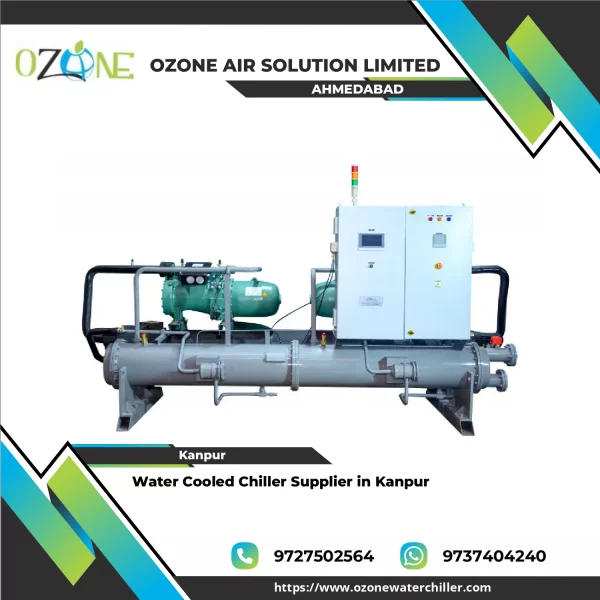 Water Cooled Chiller Unit Installed At An Industrial Site Showing Pipes And Cooling Tower