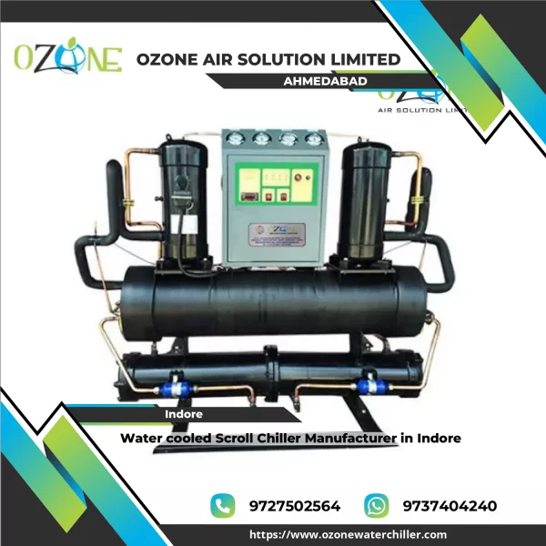 Water Cooled Scroll Chiller Unit Installed At Industrial Site Showing Compressor And Condenser