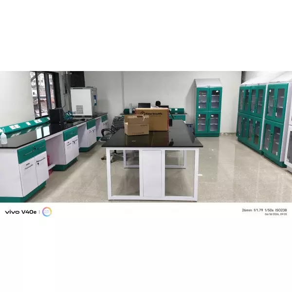 Interior View Of A Modern Scientific Laboratory Setup With Modular Furniture And Safety Equipment