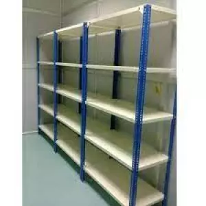 Slotted Angle Rack Made Of Steel Installed In Industrial Warehouse Showing Adjustable Shelves