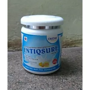 Standard Protein Powder Container With Scoop Beside It On White Background