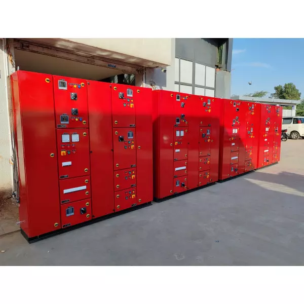 Industrial Fire Control Panel With Multiple Relays And Wiring Inside Metal Enclosure