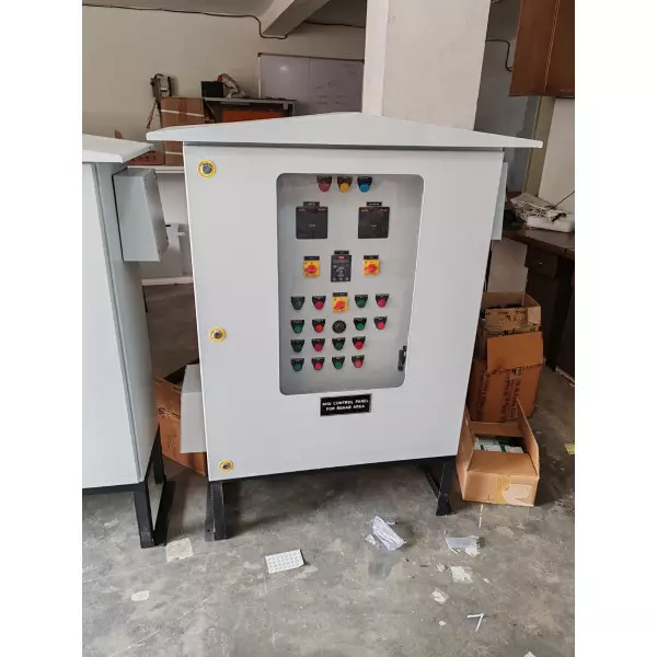 Low-voltage Electrical HVAC Control Panel Installed Indoors Showing Wiring And Circuit Breakers