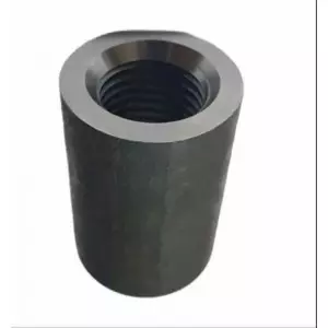 Close-up View Of Threaded Metal Coupler Connecting Two Rebars