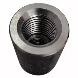 Close-up View Of TMT Bar Coupler Showing Threaded Connection Between Rebars