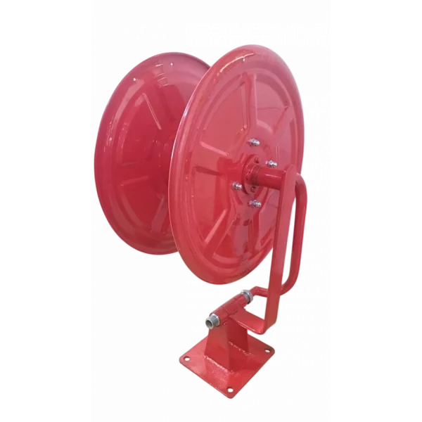 Compact Metal Fire Hose Reel Drum Mounted On Wall Showing Coiled Red Fire Hose