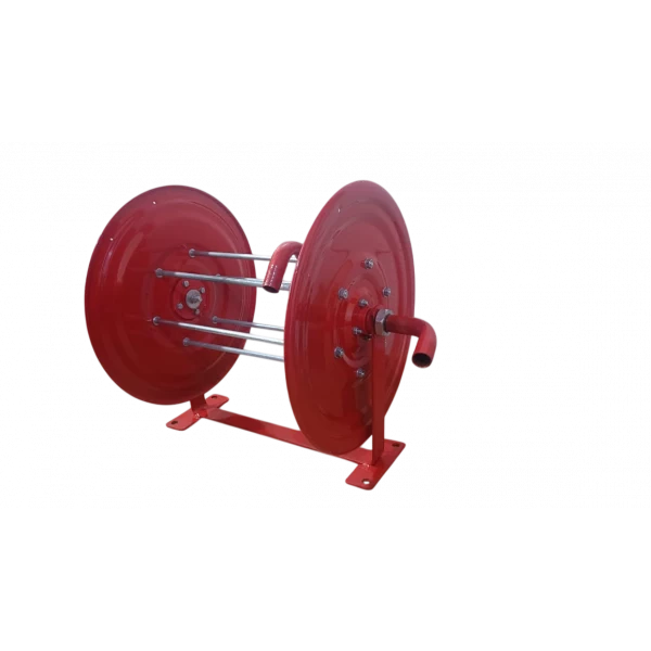 Steel Fire Hose Reel Stand Mounted On A Wall Ready For Emergency Use