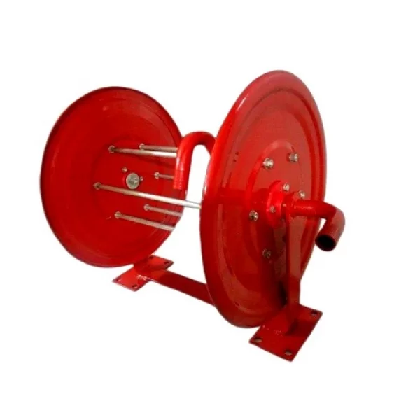 Horizontal Hose Reel Showing Metal Frame And Coiled Fire Hose