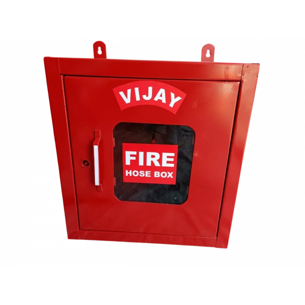 Single Door Fire Hose Box Installed On Wall With Open Door Showing Stored Hose