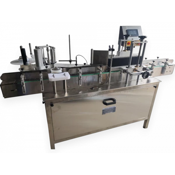 Container Sticker Labeling Machine Operating On A Conveyor Belt With Bottles
